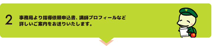 "事務局より指導依頼申込書、講師プロフィールなど詳しいご案内をお送りいたします。