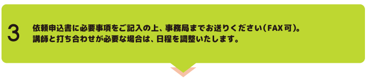 "依頼申込書に必要事項をご記入の上、事務局までお送りください(FAX可)。あそびクリエイターと打ち合わせが必要な場合は、日程を調整いたします。